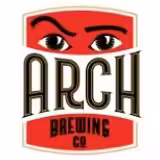 Arch Brewing Co logo with a red background, bold black and gold “ARCH” lettering, and stylized eyes above the text, conveying a watchful or curious expression.