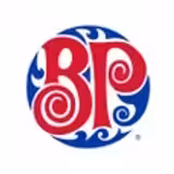 Boston Pizza logo featuring large, red, stylized letters BP with decorative swirls, set against a blue circular background with additional white swirling patterns.