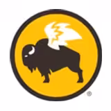 A black buffalo with white wings inside a yellow circle with a black border, representing the Buffalo Wild Wings logo.