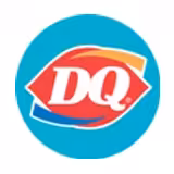 The image shows the Dairy Queen (DQ) logo: a red oval with DQ in white letters, outlined in blue, with orange and blue curved accents, set against a turquoise circular background.
