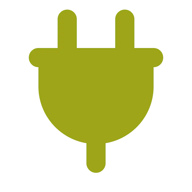 A simple, green icon of an electrical plug with two prongs on top and a rounded body, set against a black background.