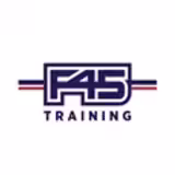 F45 Training logo with bold navy blue letters “F45” outlined in white and navy, above the word “TRAINING” in smaller navy blue text, with red and blue horizontal stripes on each side.