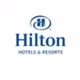 Hilton Hotels & Resorts logo featuring a stylized blue H in a circle above the word Hilton in blue, with HOTELS & RESORTS written below in smaller blue text on a white background.