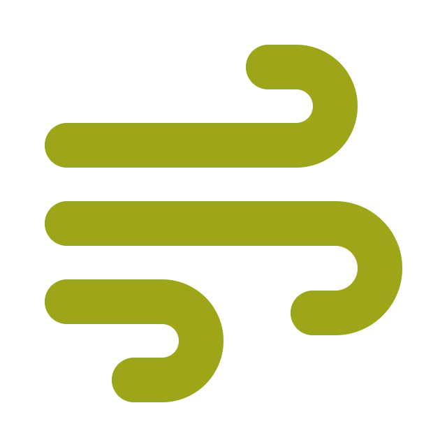 A green icon of three horizontal, wavy lines with curved ends, resembling wind or air flowing to the right, on a black background.