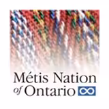 Logo of the Métis Nation of Ontario featuring a colorful woven sash background, with the infinity symbol in blue and the organization’s name written in black text.