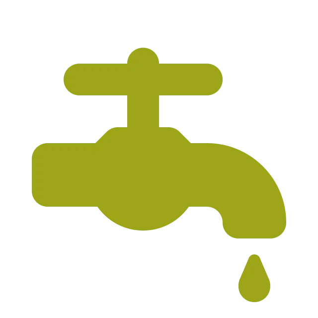 A simple green icon of a water faucet with a single drop of water falling from the spout on a black background.