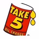 A red and yellow oil can labeled TAKE 5 OIL CHANGE with yellow oil drops coming from the spout, representing the Take 5 Oil Change logo.